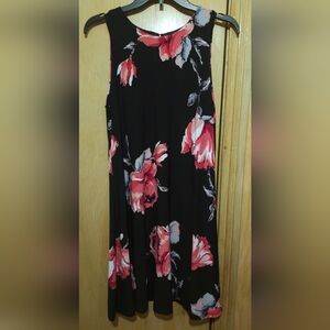 Anne Klein A-Line Dress Black Floral  Lined Womens Sz 8 Red Roses Stretchy Knit